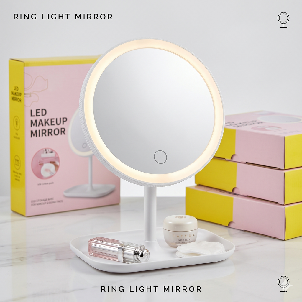 Illuminated LED Makeup Vanity Mirror with Touch Sensor & Cosmetic Storage Tray - White
