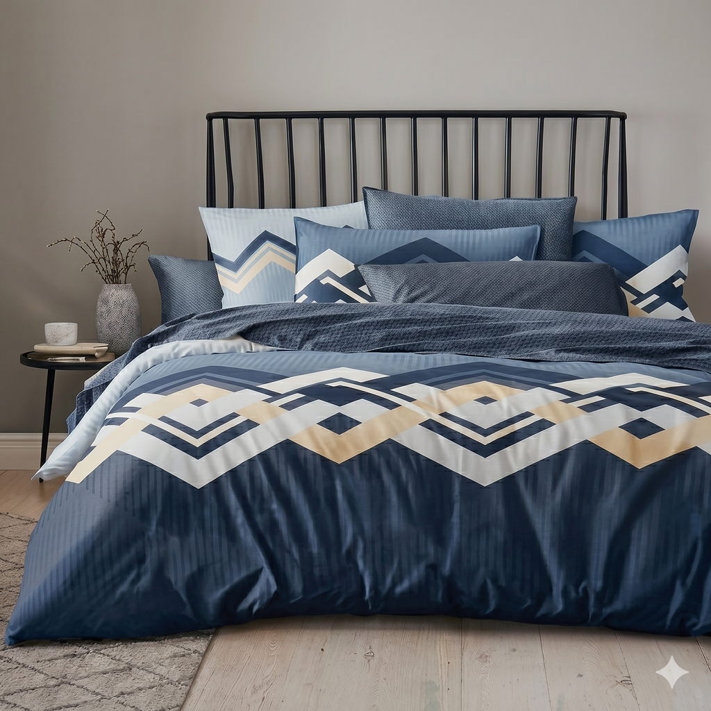 Luxury Geometric Chevron Bedding Set – Navy & Gold Egyptian Cotton Feel