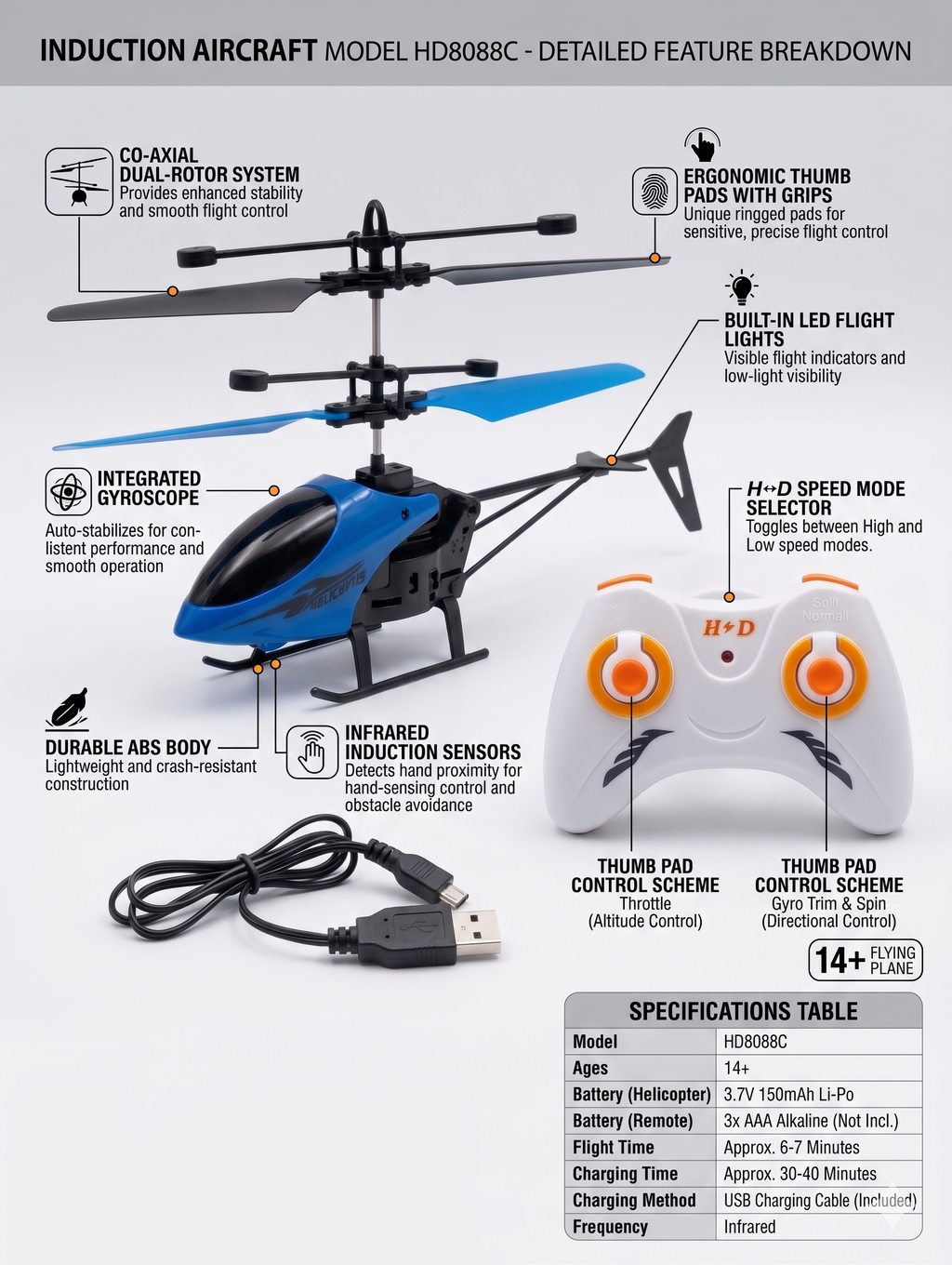 Induction Helicopter Hand Sensor Flying Toy USB Rechargeable