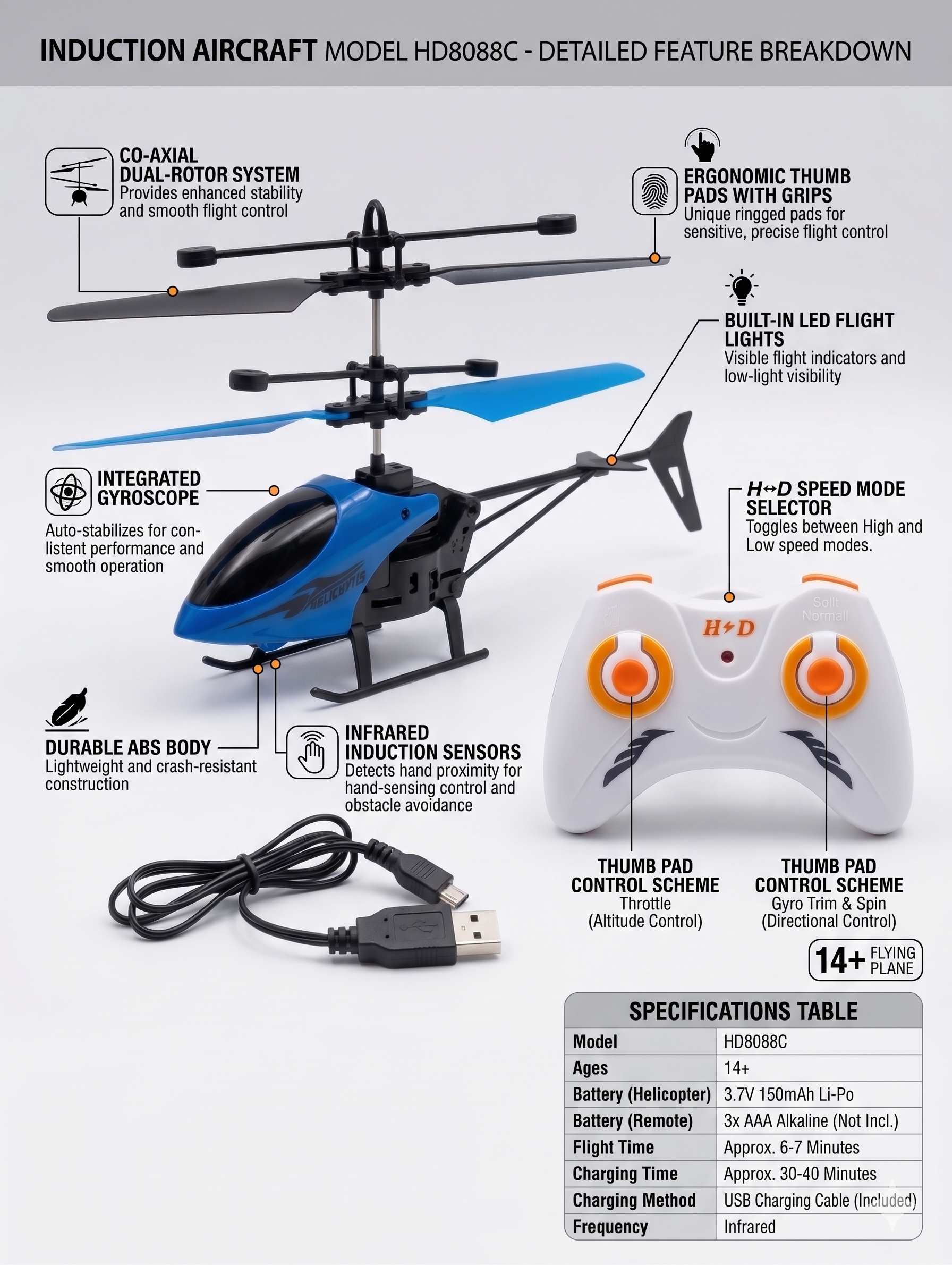 Induction Helicopter Hand Sensor Flying Toy USB Rechargeable