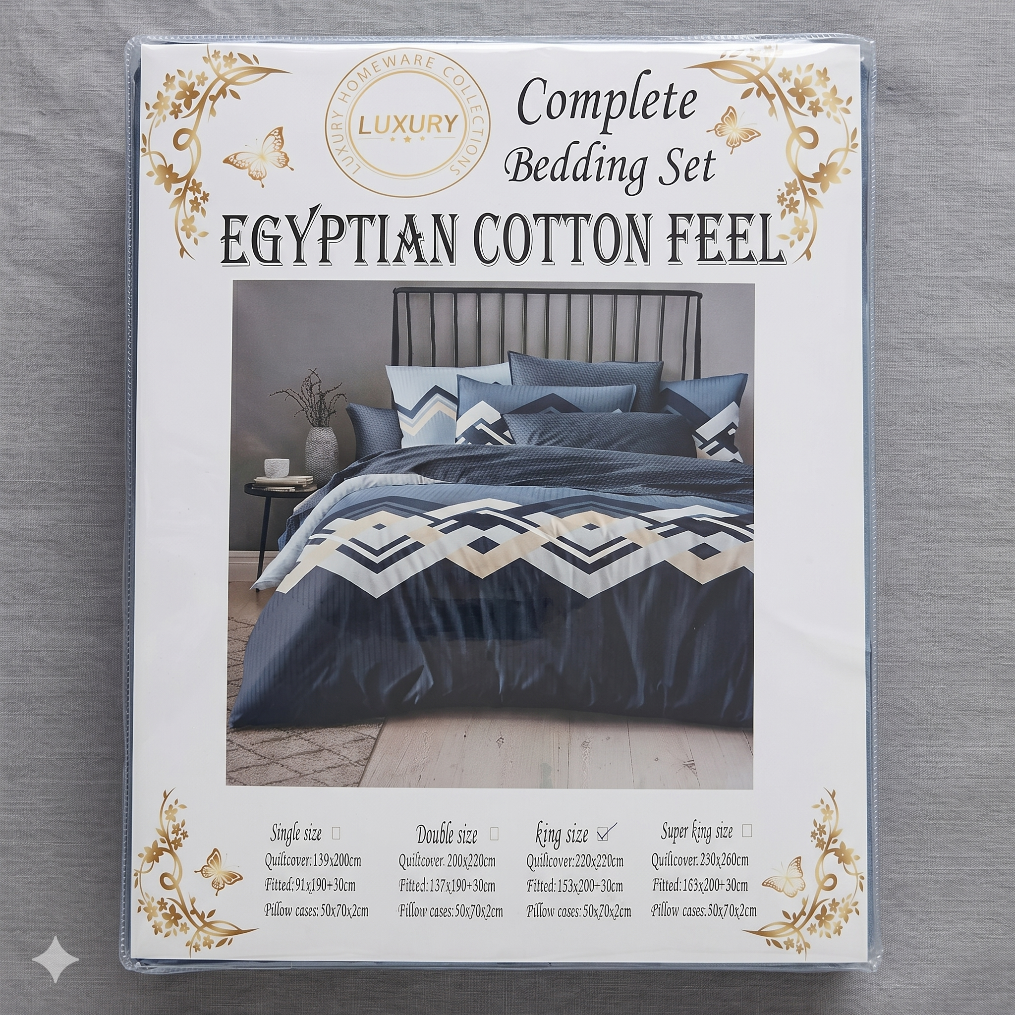 Luxury Geometric Chevron Bedding Set – Navy & Gold Egyptian Cotton Feel