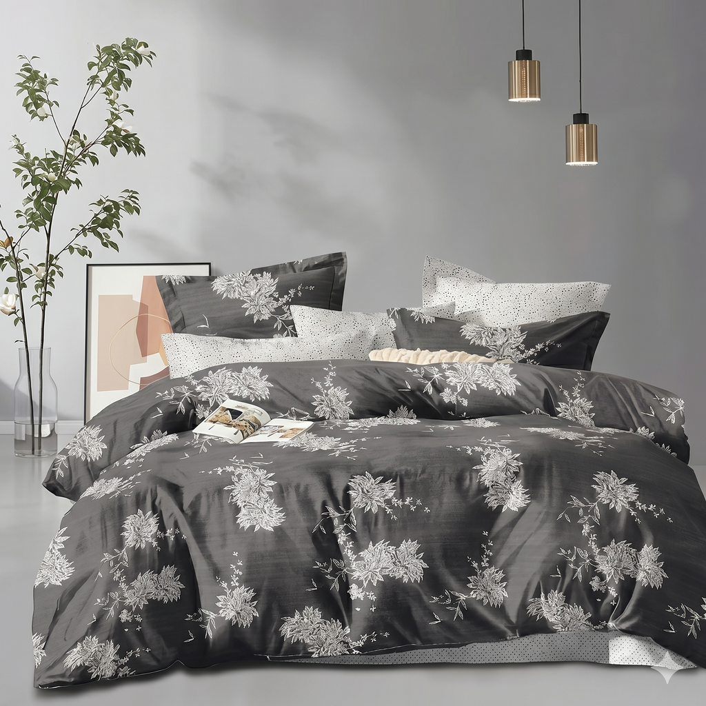 Luxury Charcoal Grey Floral Complete Bedding Set – Egyptian Cotton Feel