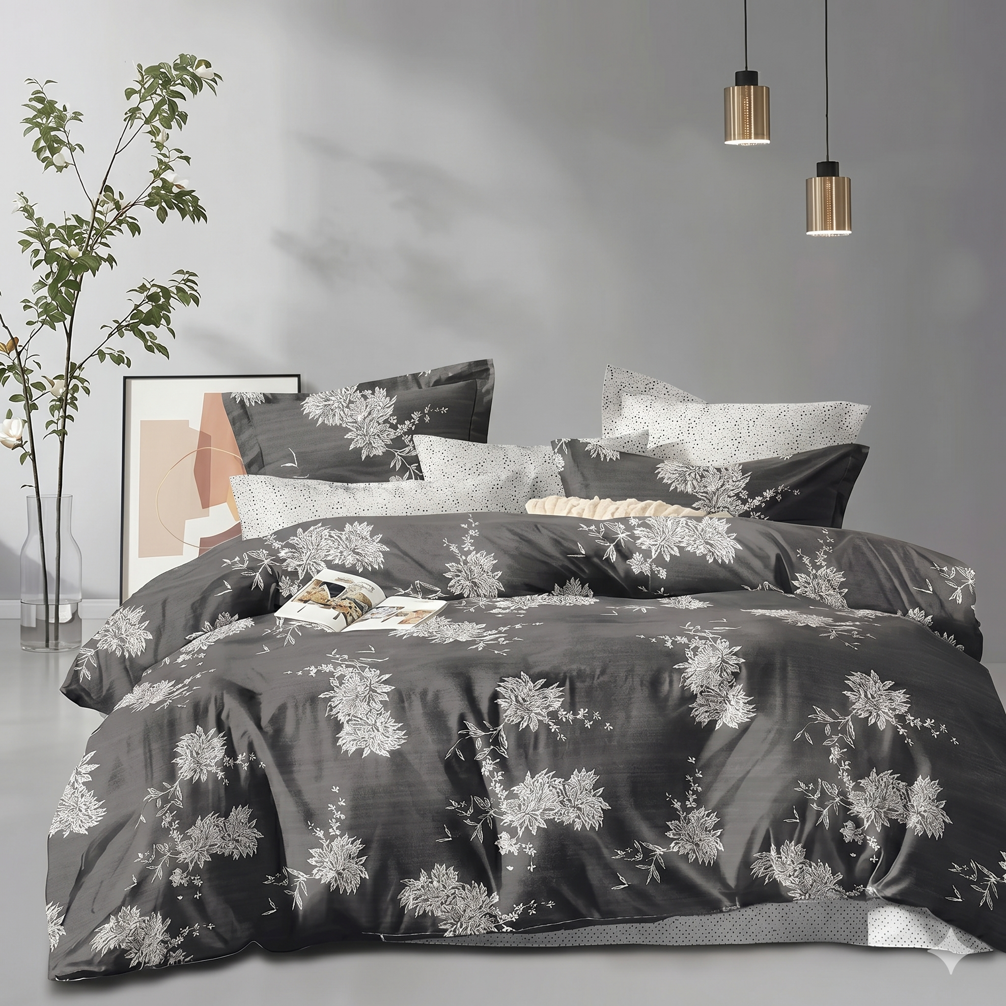 Luxury Charcoal Grey Floral Complete Bedding Set – Egyptian Cotton Feel