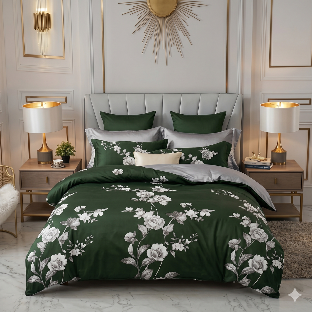 Luxury Emerald Green Floral Complete Bedding Set – Egyptian Cotton Feel