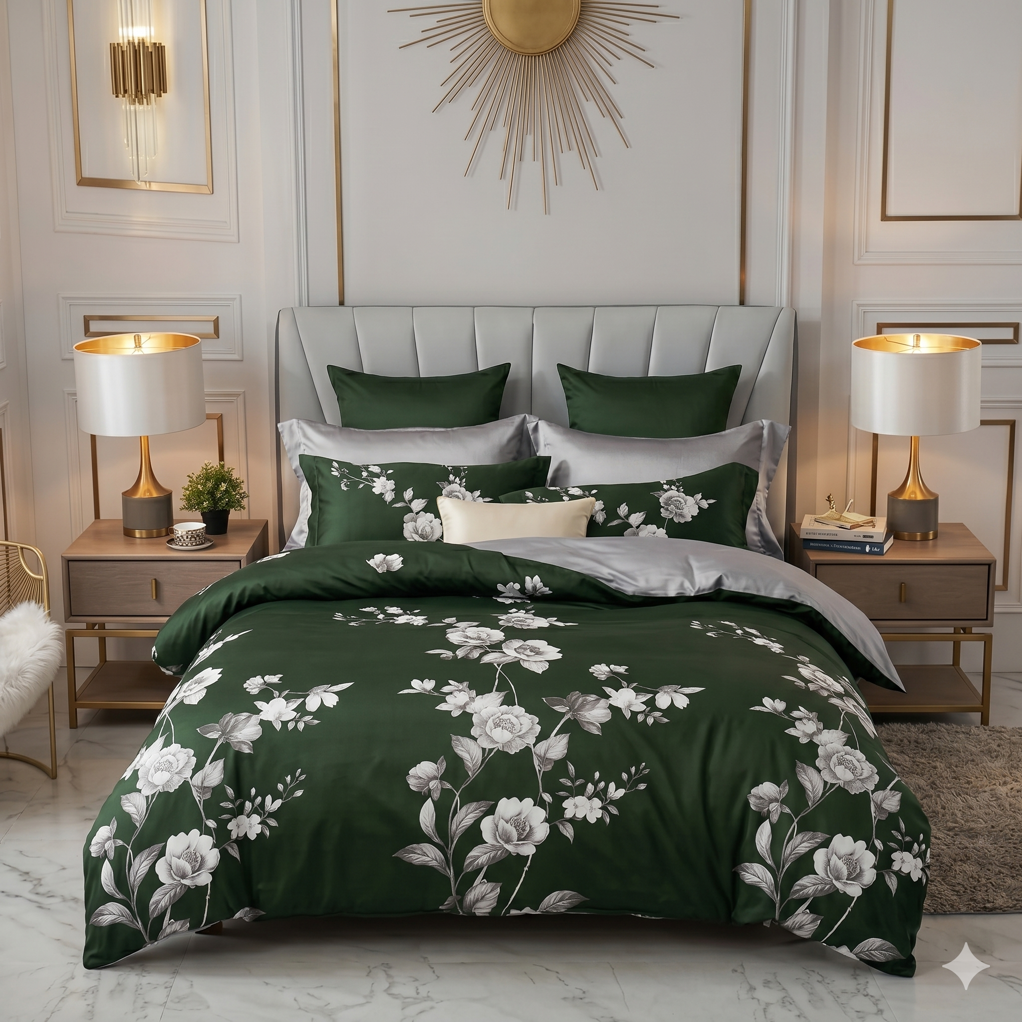 Luxury Emerald Green Floral Complete Bedding Set – Egyptian Cotton Feel