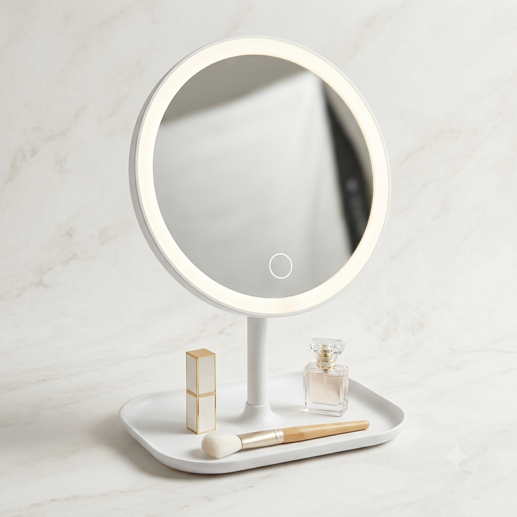 Illuminated LED Makeup Vanity Mirror with Touch Sensor & Cosmetic Storage Tray - White