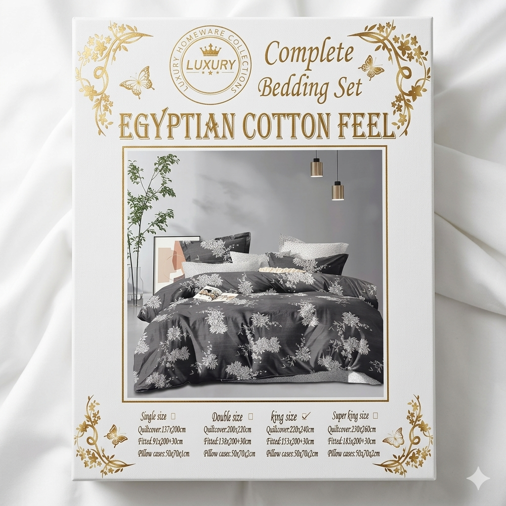 Luxury Charcoal Grey Floral Complete Bedding Set – Egyptian Cotton Feel
