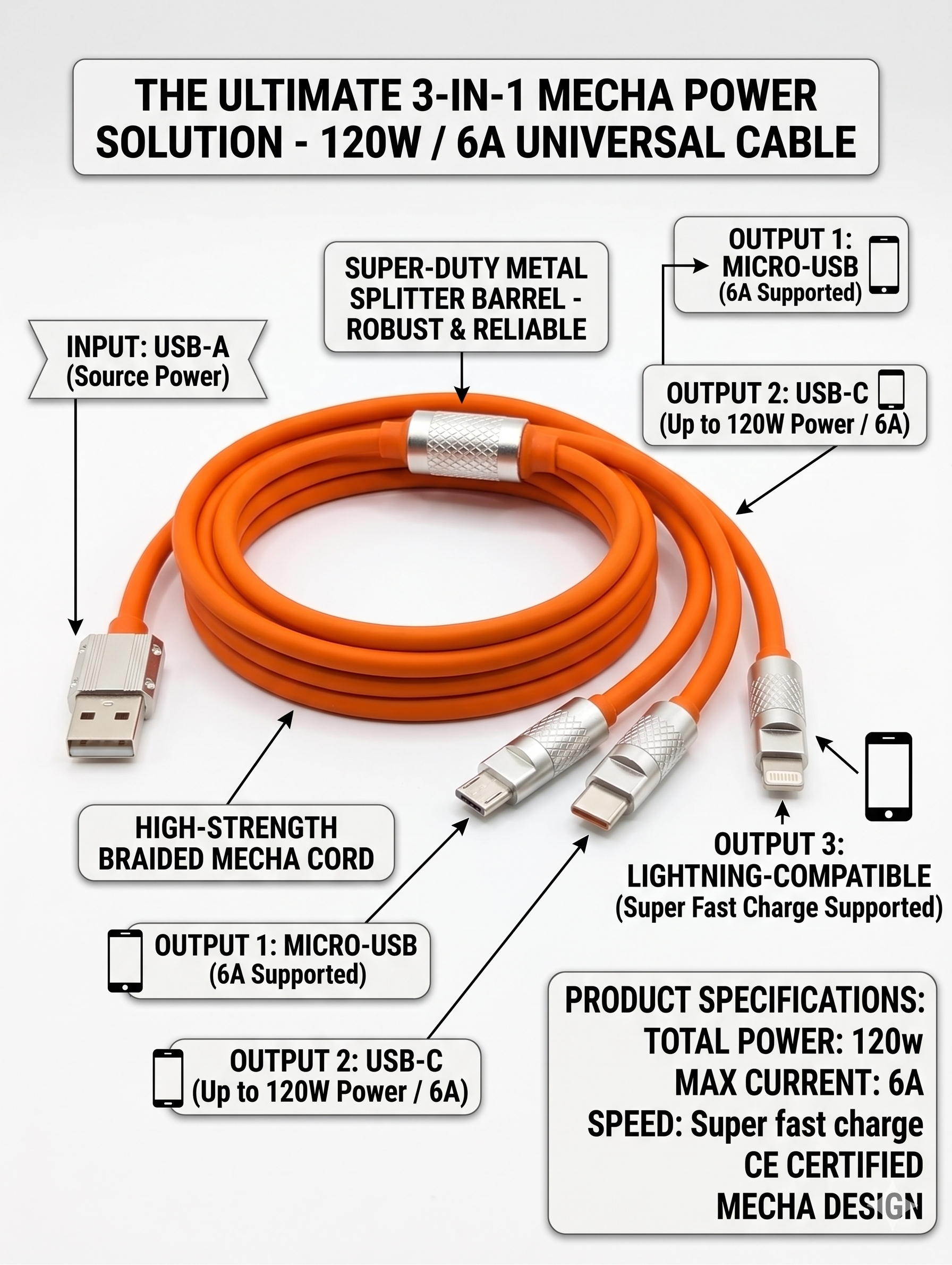 3-in-1 Fast Charging USB Cable 120W 6A