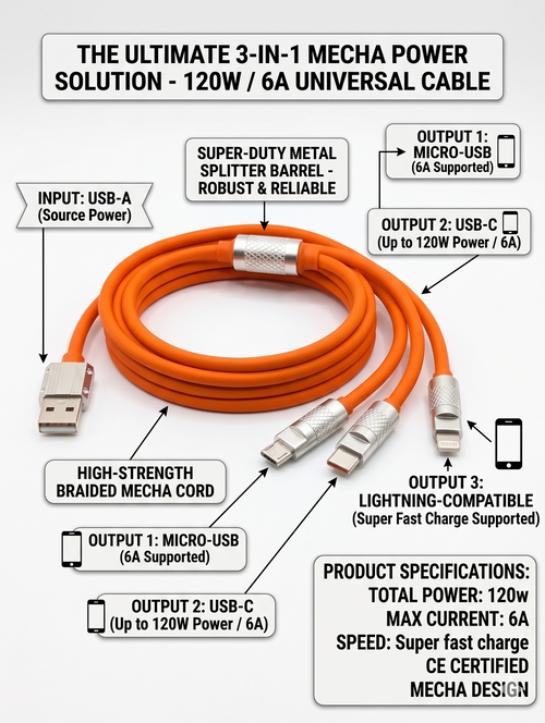 3-in-1 Fast Charging USB Cable 120W 6A