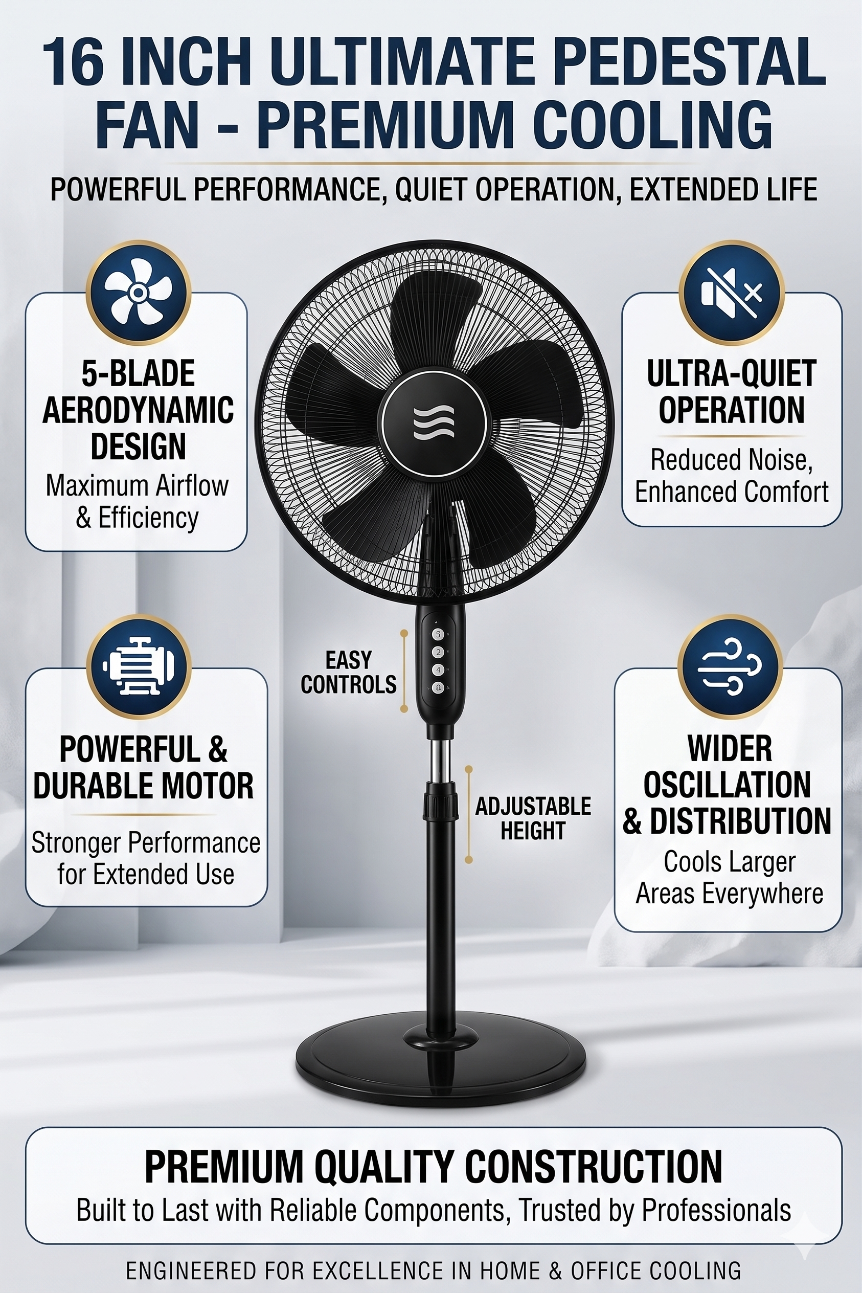 16-Inch Premium Adjustable Pedestal Fan | 5-Blade Ultra-Quiet Cooling