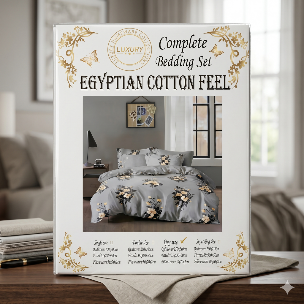 Elegant Grey & Mustard Yellow Floral Complete Bedding Set – Egyptian Cotton Feel