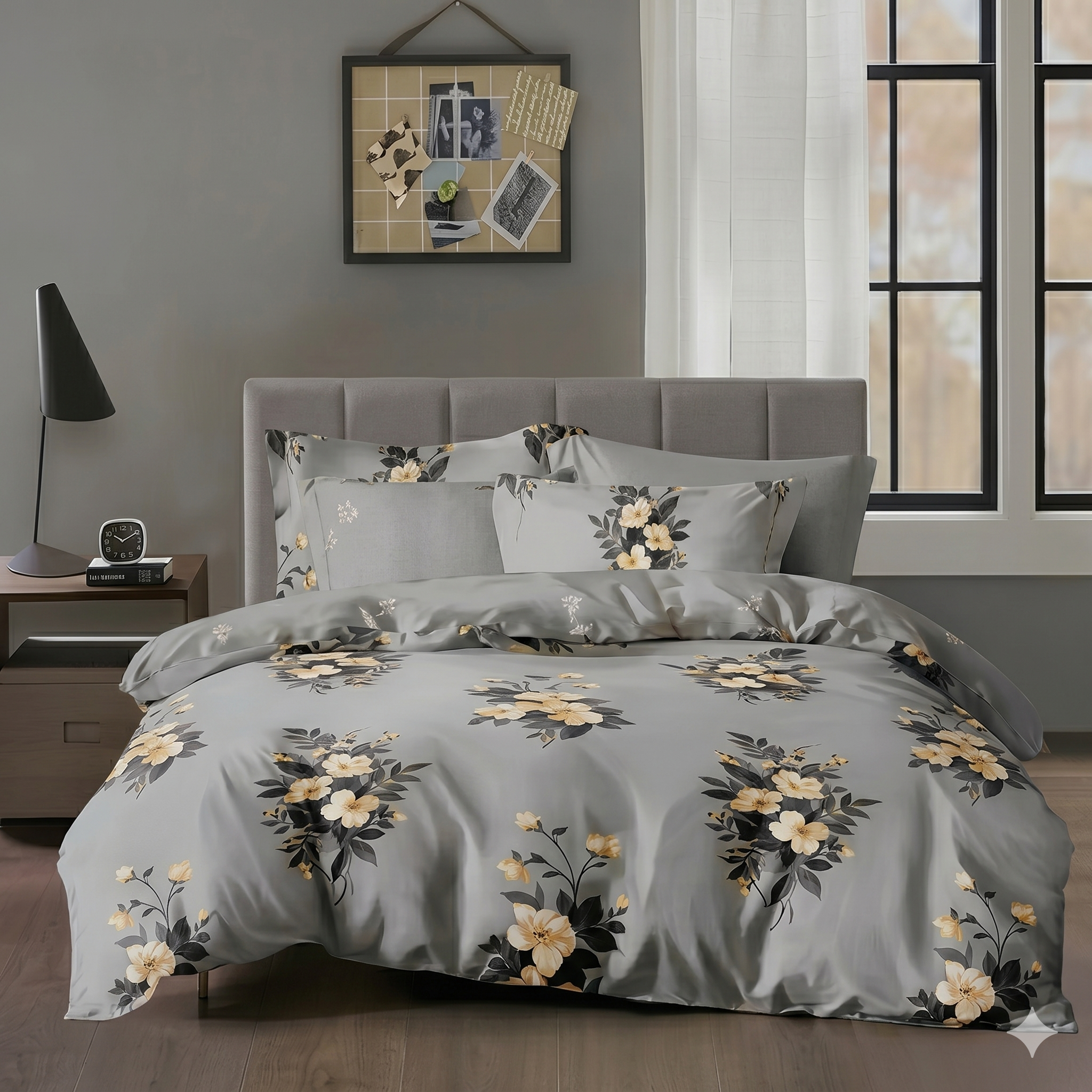 Elegant Grey & Mustard Yellow Floral Complete Bedding Set – Egyptian Cotton Feel